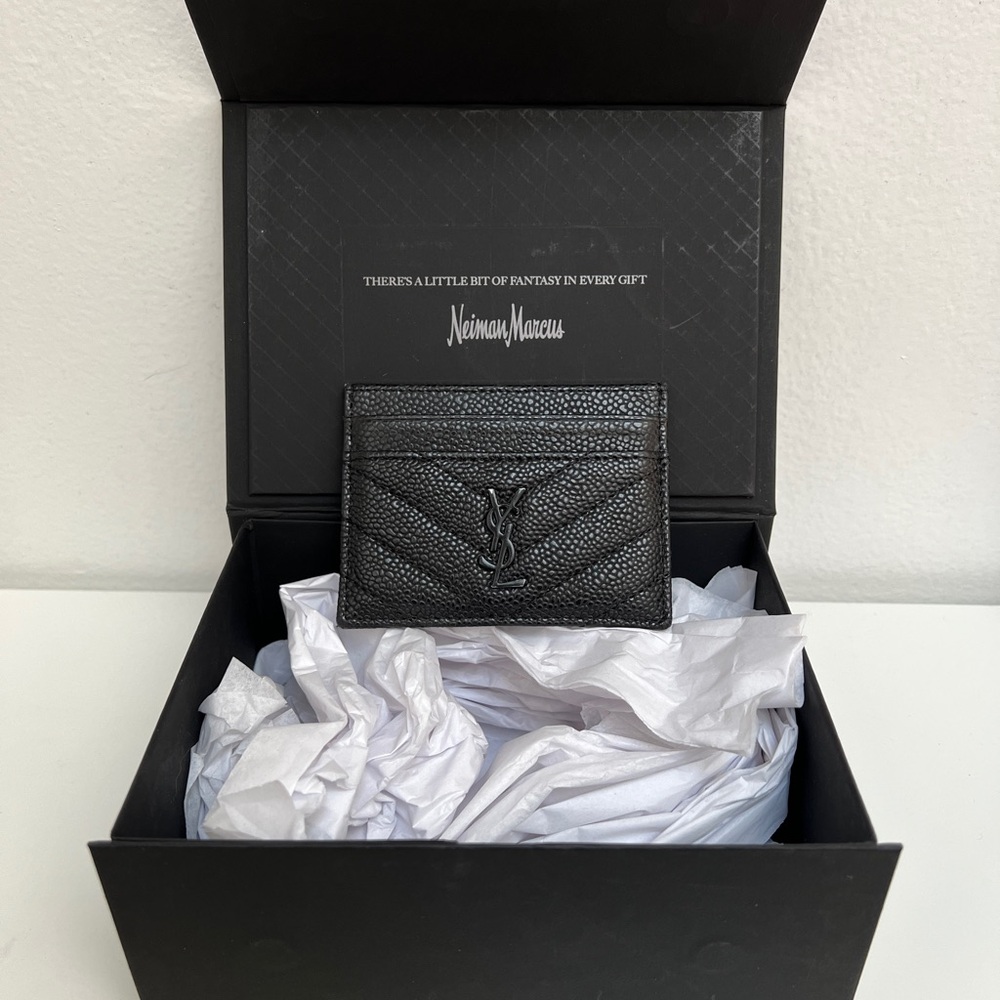 Used YSL Saint Laurent Cassandre Matelassé Black Leather Card Holder Case